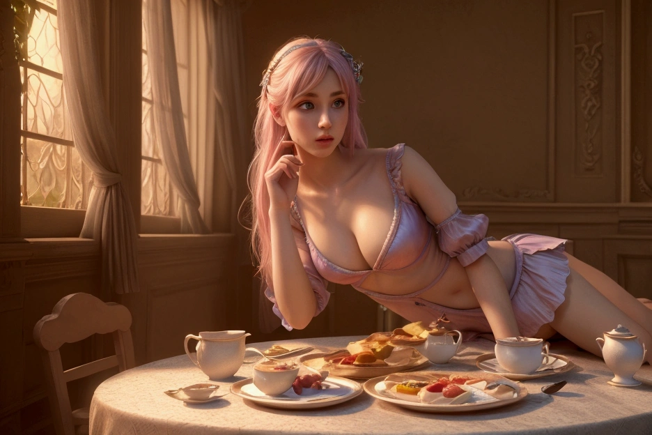 Close-up of smiling face with open mouth、(Realistic、A high resolution)、(1 girl in)、Makeup Eyes、Korean girls、(Best quality at best), (On the table), (1 girl in), Alone, A beautyful girl, s the perfect face, Bigchest,It's like a dream、Highly detailed airbrush art((Surreal))、Volumetriclighting、(top-quality)、the ultra-detailed、(Movement components:1.4)、Highly detailed color details、(Bright lights)、dynamic combination、ray traycing、mirror reflected light、shallowdepthoffield、ultra - detailed、Mixed exposure、north african free trade area、Her eyes sparkle pink、Staring at the pink sea。Her pink face is full of anticipation and courage for adventure.、A smile appears on pink lips。 At the back、The sun slowly tilts to the west。Its light gives the sea a pink glow、The swaying waves create a beautiful scene。Her eyes have a distinct pink twinkle。lots of pink