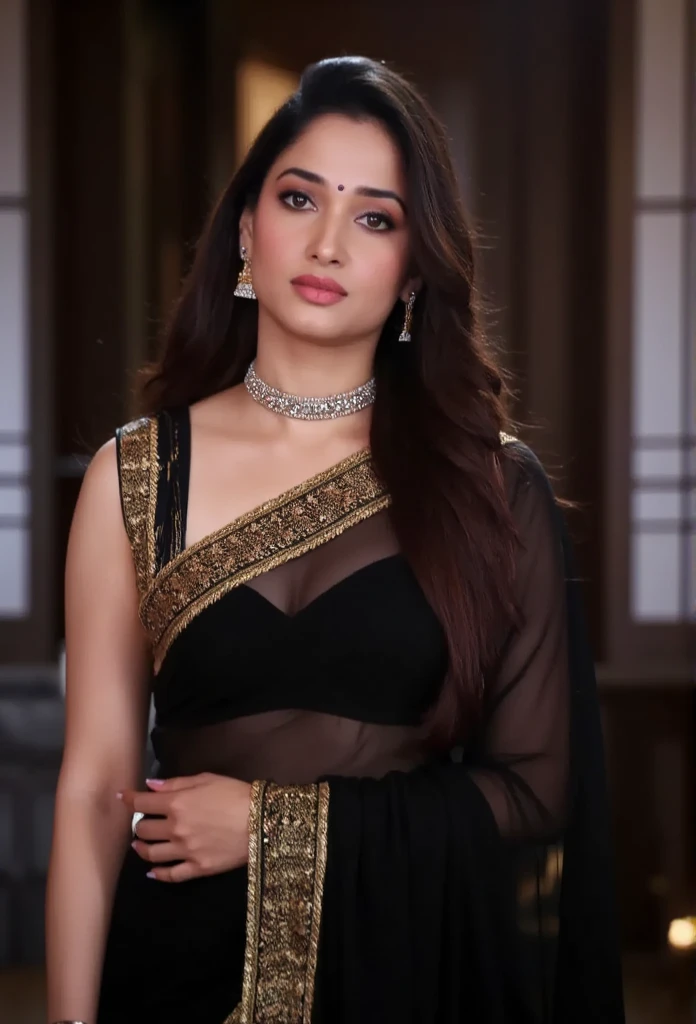 Tamanna bhatia wears black transparent sleeveless saree, border of saree intricately designed with golden color, she wears diamond necklace, her dark sleek longest hair styled neatly and braided on shoulders, her navel through her transparent saree, she standing by putting her hand on her waist, background should be matching lights little blurred, cinematic, her sexy lips, her best body structure,