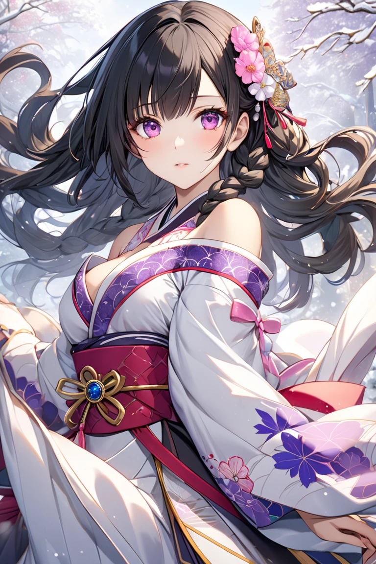 (masterpiece, Highest quality, Dutch Angle)(One girl, alone)(Gray Hair,Purple eyes,Straight Long Hair)(sarashi,kimono,One Shoulder、Wear one kimono:1.4、One shoulder exposed)(Serious expression, Woman with a sword:1.3、Floating Hair)(Cherry tree、dead tree、Mystical Night、Particles of light float around the woman、Space for fantasy)
