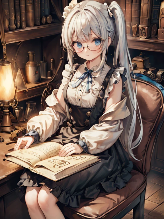 masterpiece,  top quality,  very detailed , 8k,  super high resolution,  Cowboy Shots, A  girl,  detailed face ,  perfect finger,  blue eyes, Glasses,  Silver Hair,  long hair,  (side ponytail),  black dress,  white apron, Luxurious Western-style mansion,  Libraries , Bookshelf, table, ( sit on a chair:1.7),  reading a book, renaissance_Alchemist_studio