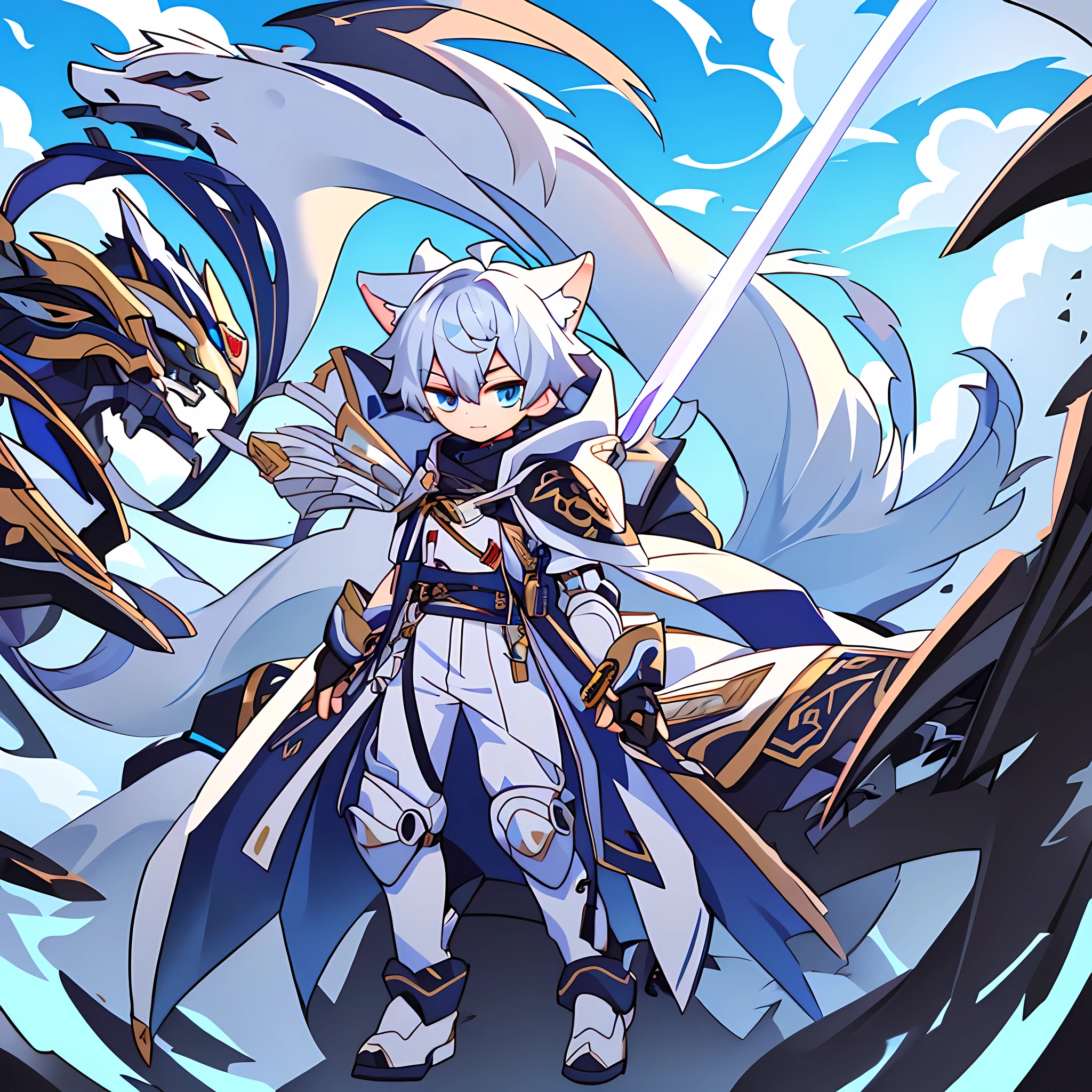 Game CG, 8K quality ,((ONE boy)),hood , anime male protagonist , Wolf Ear,Tail,Handsome Face ,head mounted display, Silver White and Sky Blue Dye,Full Body Mechanical Armor,Jumpsuit,Mechanical gloves, mechanical combat boots ,Full body portrait, No Background ,Mechanical Sword