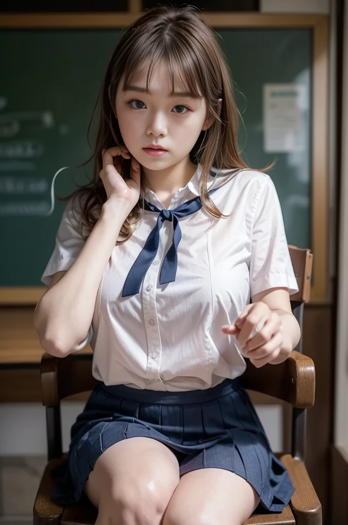 ((最 High Quality 、Photorealistic:1.4、8k))、美しい日本people女性１people、18 years old、 Female College Student、高校uniform、uniform、 white buttoned blouse、Ribbon tie、 Navy Blue Bleached Skirt、 high school girl、 shaggy hair 、 Cowboy Shots、 uniform showing 、 blackboard 、machine、chair、 beautiful lighting arranged in an orderly manner、 super detailed、 high details、 High Quality 、 high definition 、(( normal breasts))、(((7.5 heads)))、(( uniform showing ))、(((18-years-old、1girl)))