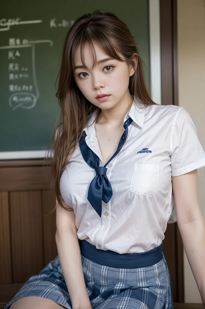 ((最 High Quality 、Photorealistic:1.4、8k))、美しい日本people女性１people、18 years old、 Female College Student、高校uniform、uniform、 white buttoned blouse、Ribbon tie、 Navy Blue Bleached Skirt、 high school girl、 shaggy hair 、 Cowboy Shots、 uniform showing 、 blackboard 、machine、chair、 beautiful lighting arranged in an orderly manner、 super detailed、 high details、 High Quality 、 high definition 、(( normal breasts))、(((7.5 heads)))、(( uniform showing ))、(((18-years-old、1girl)))