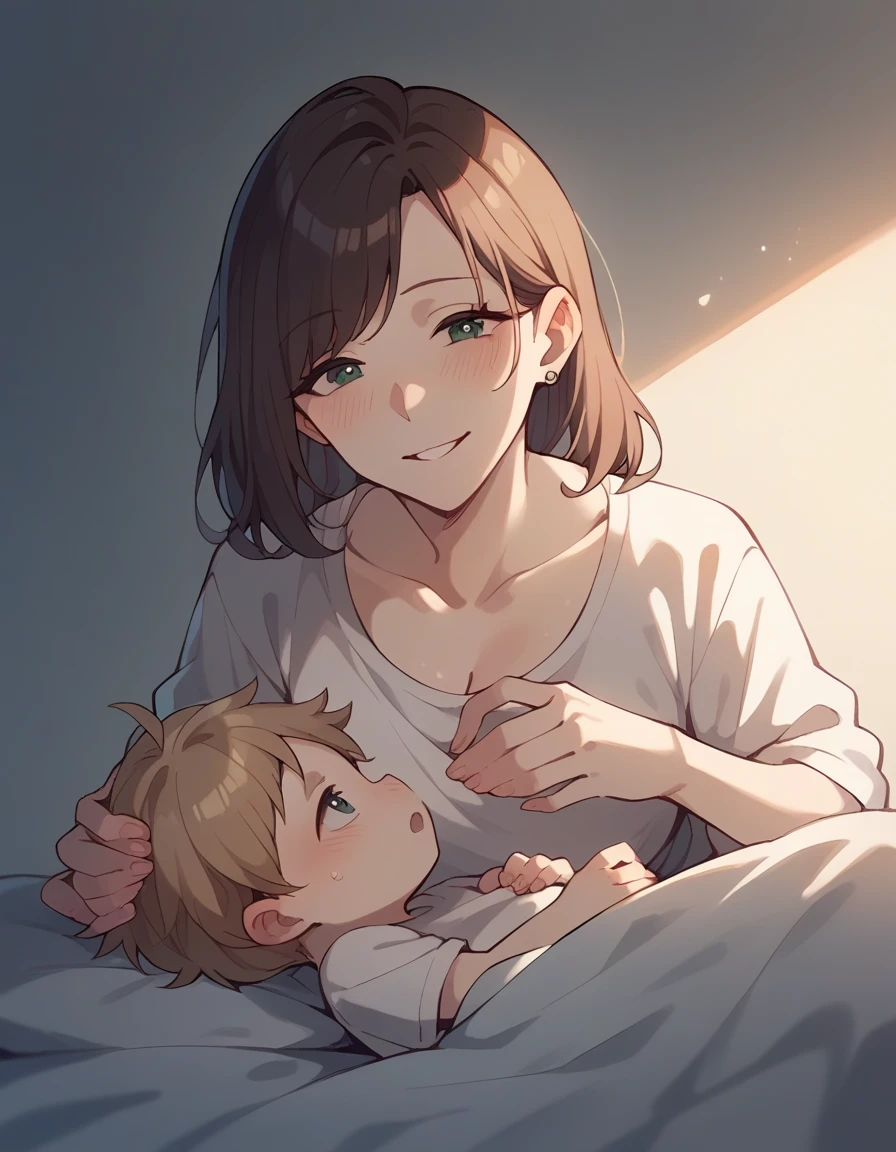 Mom holds the boy and puts it in the baby bed、