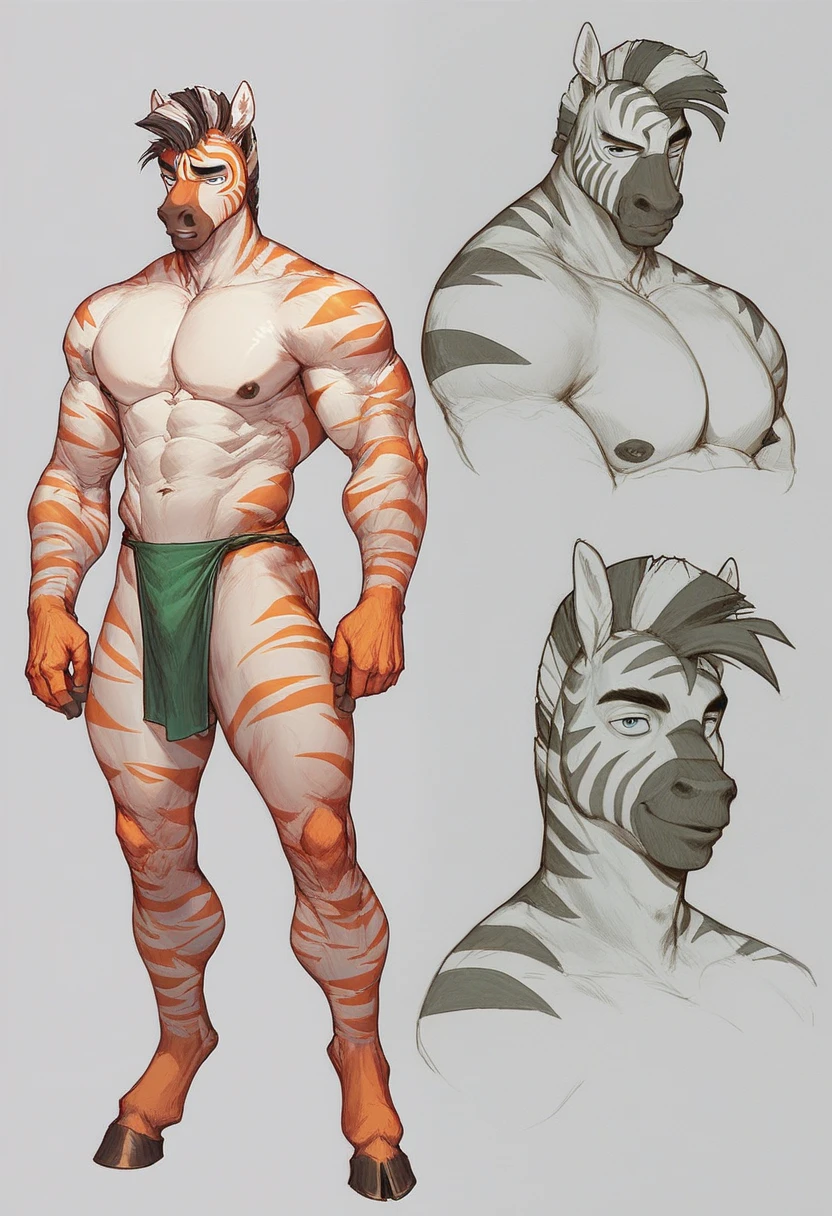 Anthropomorphic male muscle furry zebra, bara style zebra, Character setting，Dark color scheme，Firm eyes, full body design, fullbody portrait, no cloth no clothing, naked bara zebra character sheet, highly detailed concept art, hoofs 