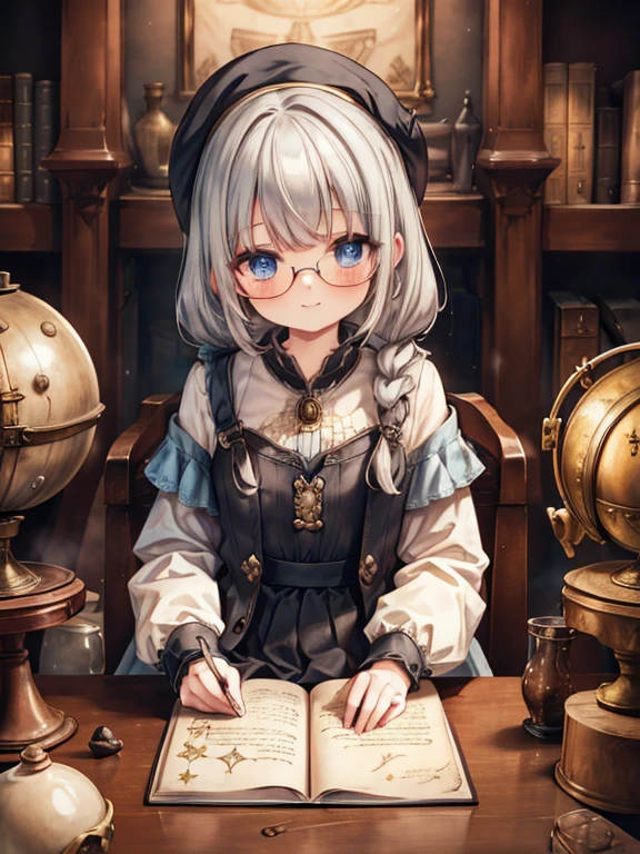 masterpiece,  top quality,  very detailed , 8k,  super high resolution,  Cowboy Shots, A  girl,  detailed face , smile,  perfect finger,  blue eyes, Glasses,  Silver Hair,  long hair,  braids ,  black dress,  Long Skirt , Luxurious Western-style mansion,  Libraries , Bookshelf, table,  sit on a chair,  reading a book, renaissance_Alchemist_studio