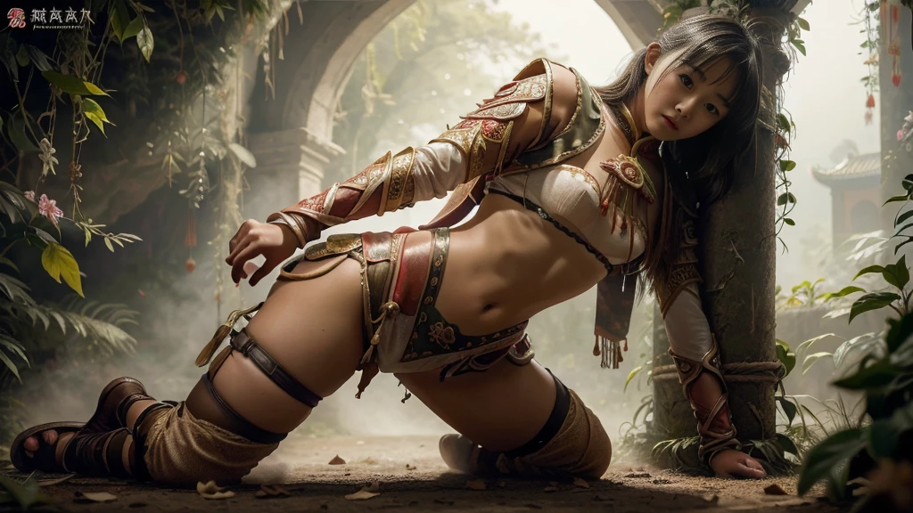 18-year-old Chinese warrior girl in realistic sexy photo- detailed- revealing- standing position- panties tucked in the crack