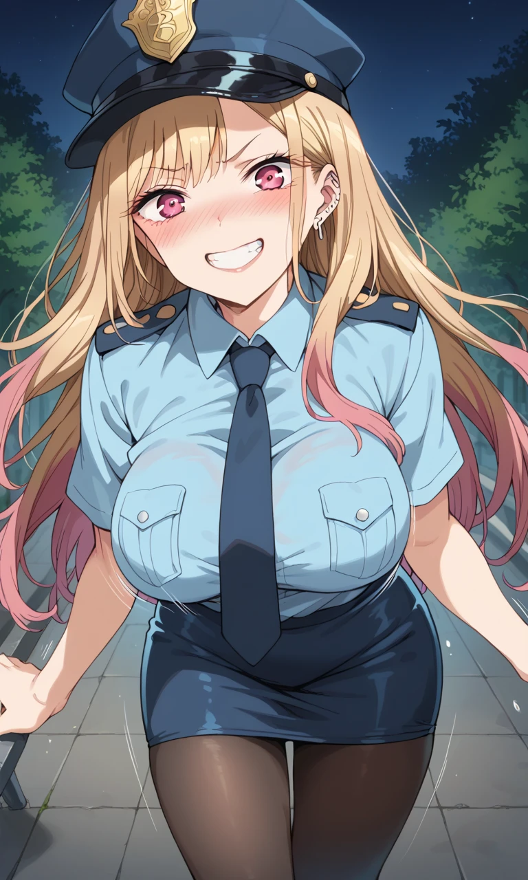 score_9, score_8_up, score_7_up, source_anime, masterpiece, best quality, highly detailed, BREAK KJOmarin, blonde hair, long hair, pink eyes, earrings, ear piercing, multicolored hair, BREAK 1 cute  girl is short stature, leaning forward, BREAK front view, higher angle, BREAK breasts out, showing breasts, take off clothes, uniform of police woman, pencil skirt, black pantyhose, cap, BREAK looking at viewer, evil grin, nose blush, BREAK in the park, pitch black night, BREAK big breasts, bouncing breasts, BREAK (motion lines, motion blur)