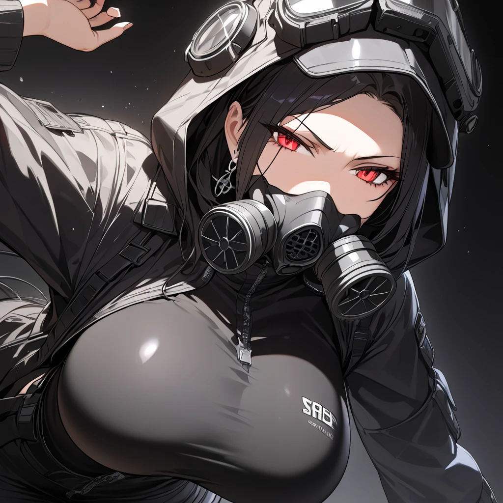 (masterpiece:1.4), (best quality:1.4), (super detailed:1.2), score_9, score_8_up, anime girl with gas mask, thin black bomber jacket, black studded cap with hood, exposed navel, wide hips, (moderate breasts:1.2), shoulder-length black hair, heavy makeup, glowing red eyes, cross earrings, glaring at viewer, (pitch black background:1.4), (complete darkness:1.3), dramatic lighting focus on character, full body from head to toe