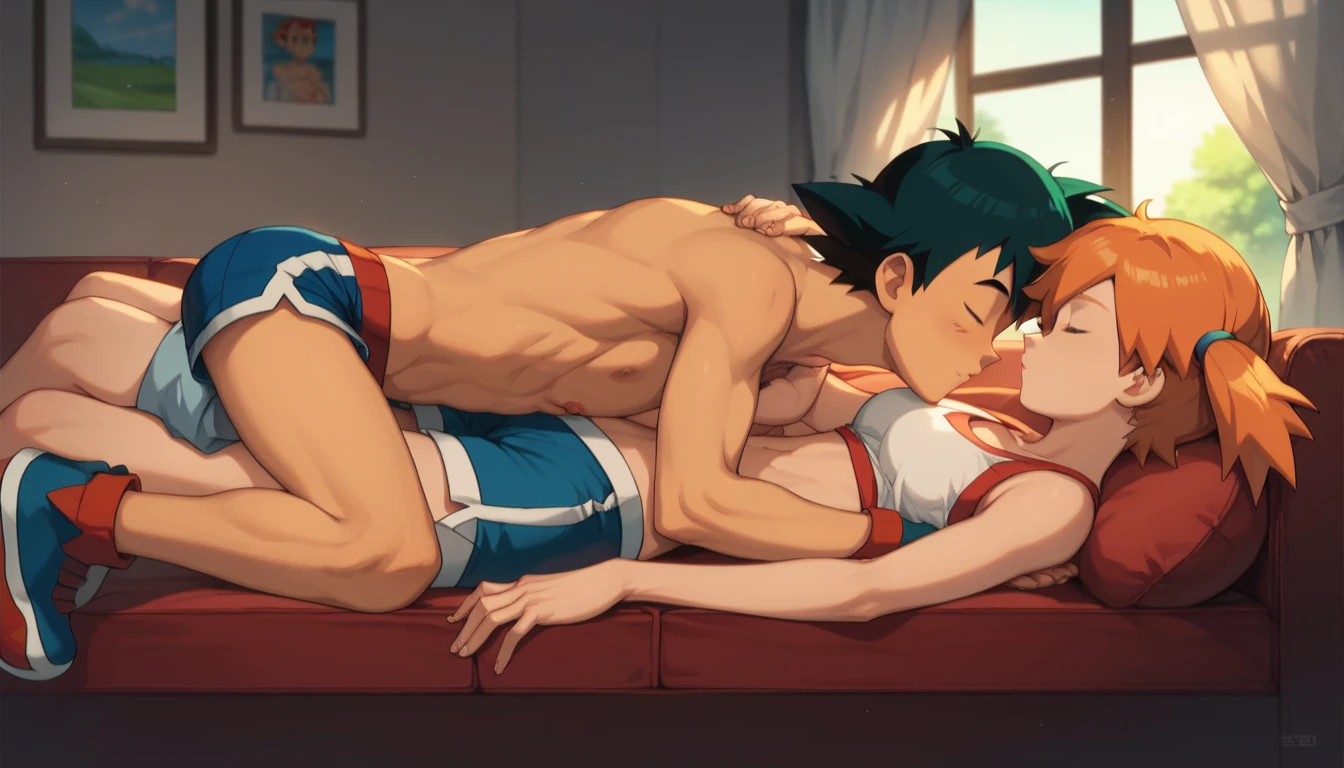 1boy, black hair, short hair, brown eyes, hair between eyes, ash ketchum, men shorts, shirtless, handsome boy, macho, good looking boy, lying relaxing 1girl, orange hair, side ponytail, green eyes, misty pokemon, white crop top, shorts, pretty, beautiful girl, lying on top of him, putting her head on his chest, in a sofa photograph of a 1 couple, a window in the background, at sunset, they're showing off their love and affection for each other, they're caressing, sleeping, closed eyes, intimacy, side view, full bodies