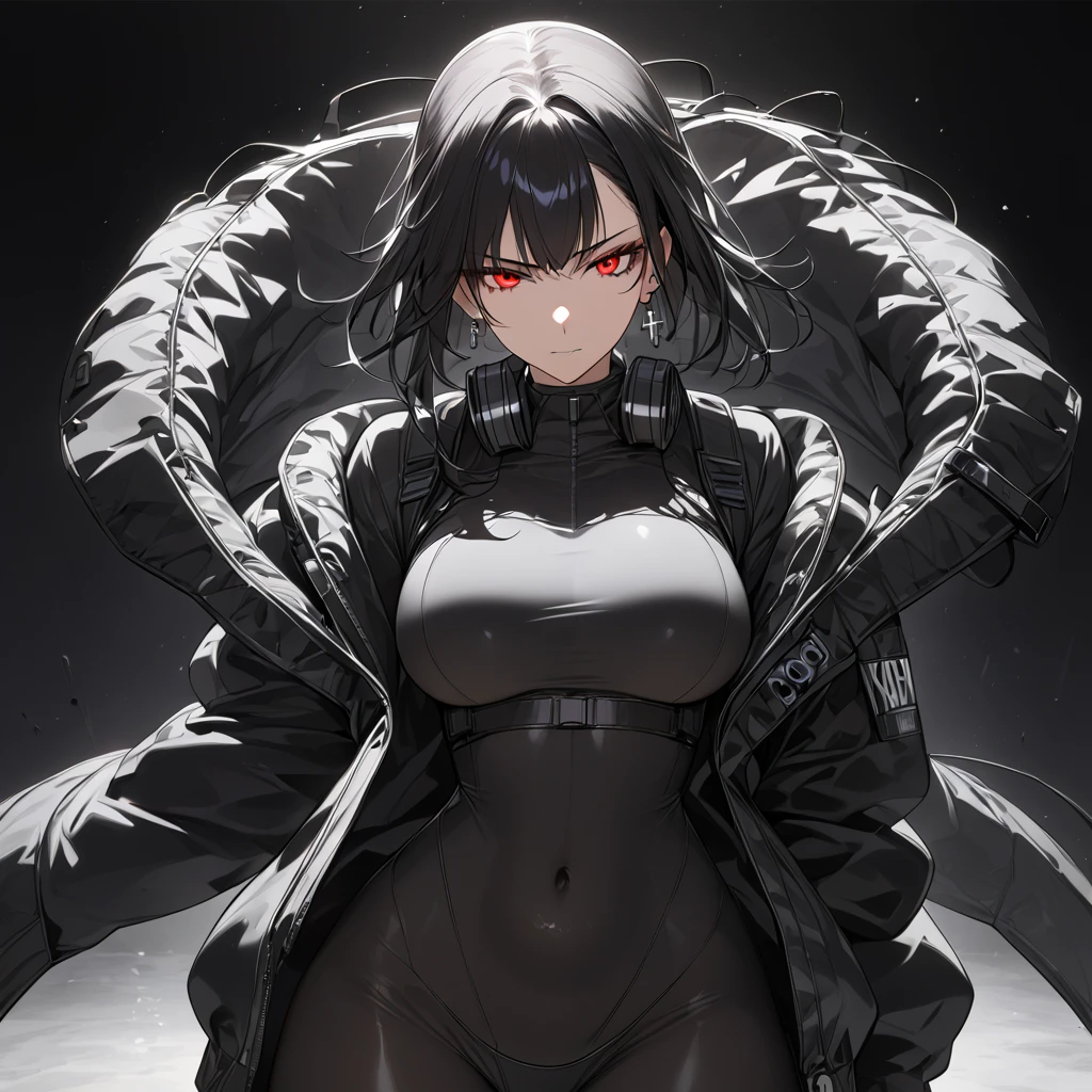 (masterpiece:1.4), (best quality:1.4), (super detailed:1.2), score_9, score_8_up, anime girl with gas mask, thin black bomber jacket, exposed navel, wide hips, (moderate breasts:1.2), shoulder-length black hair, heavy makeup, glowing red eyes, cross earrings, alluring pose, glaring at viewer, (pitch black background:1.4), (complete darkness:1.3), dramatic lighting focus on character, full body from head to toe, seductive stance