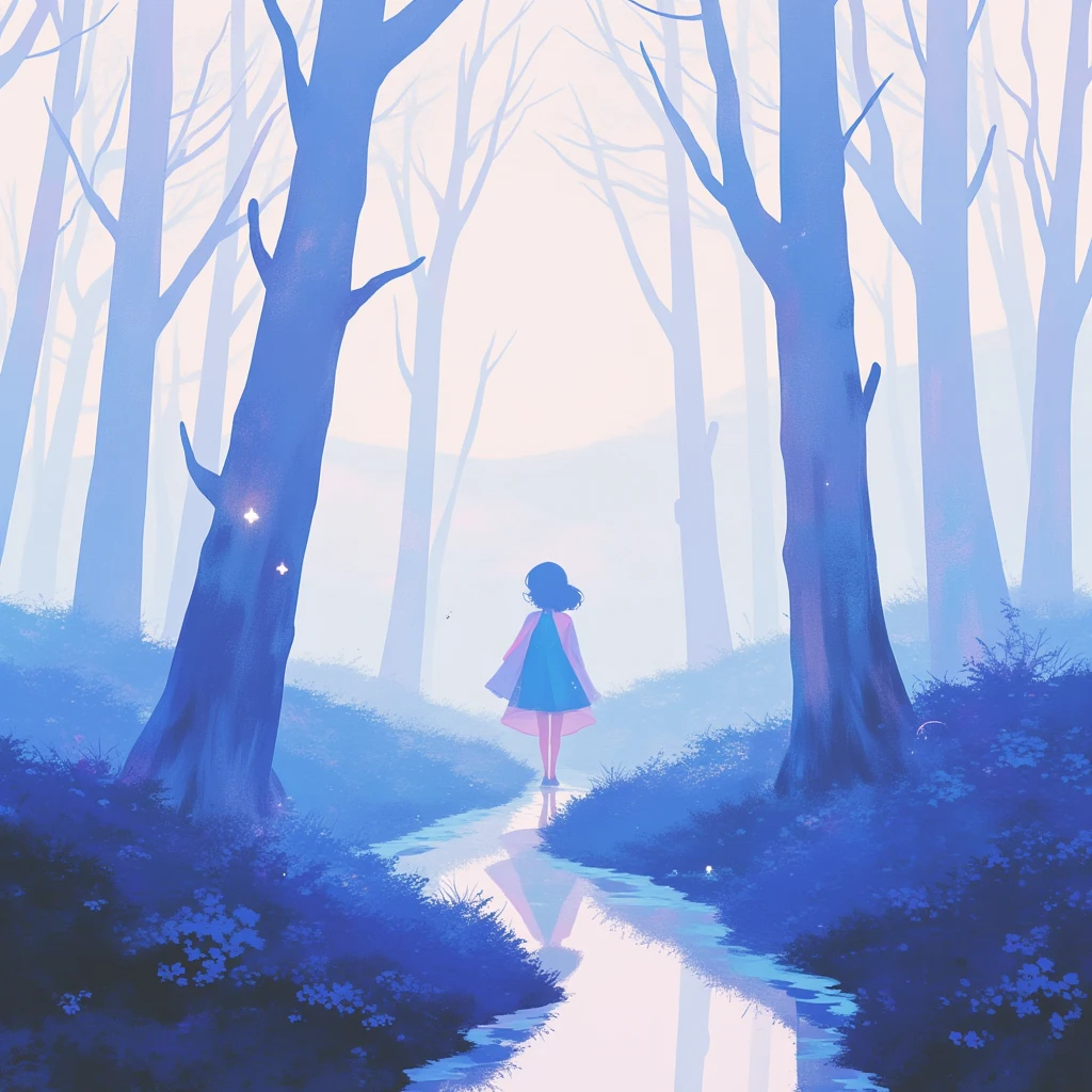  simple style ， vector graphics，Journey，forest，Lonely， blue