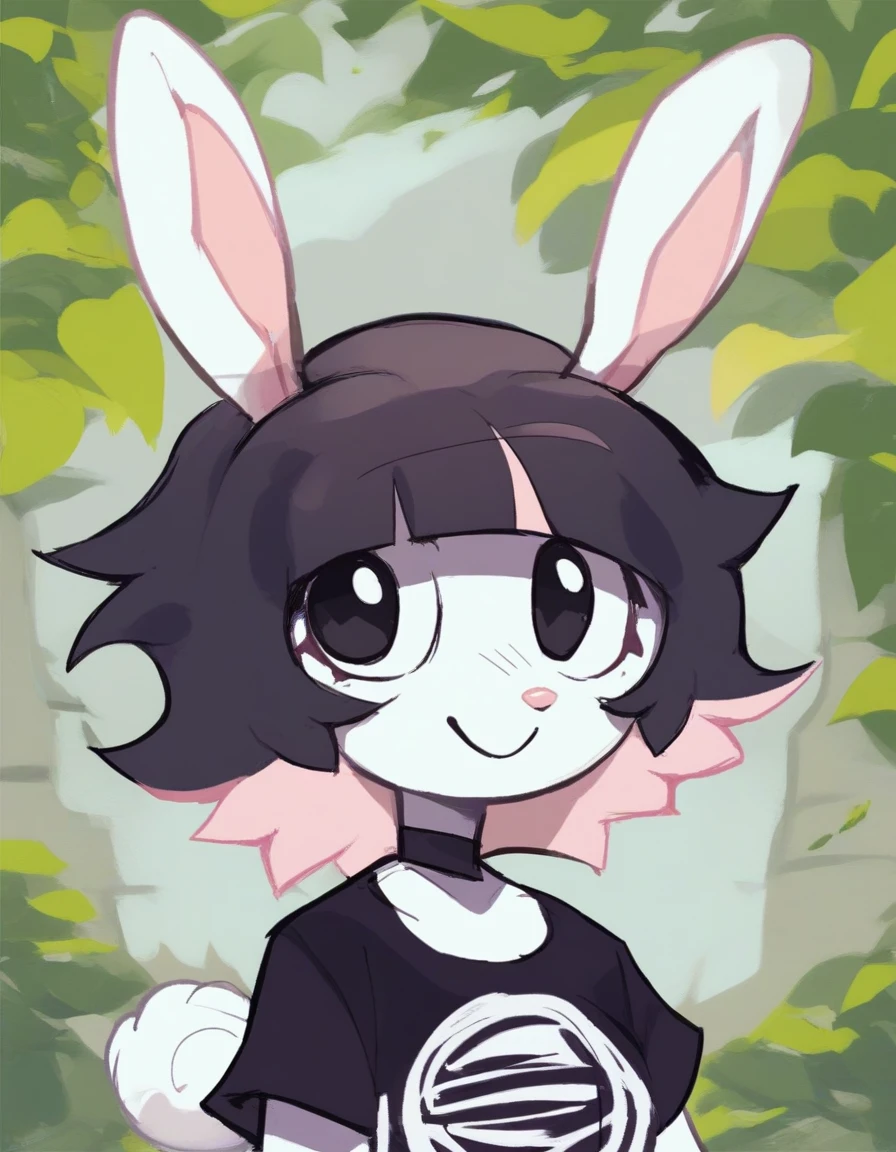 outdoors,detailed background,
Bubny,1girl,solo,rabbit girl,bangs,black hair,short hair,rabbit ears,multicolored hair,blunt bangs,furry female,black eyes,pink hair,purple hair,choker,rabbit girl,two-tone hair,rabbit tail,animal nose,
headshot,smile,long eyelashes,
denim shorts,thighhighs,black t-shirt,
