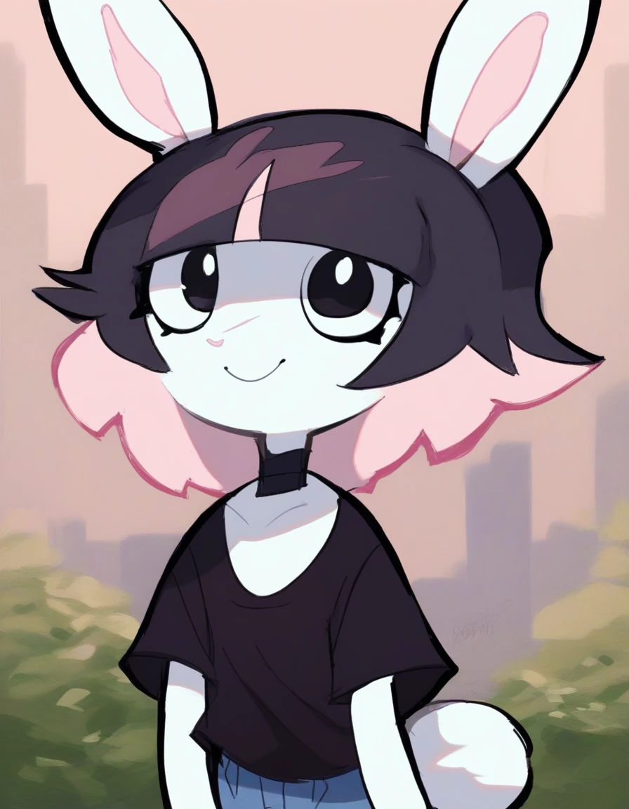 outdoors,detailed background,
Bubny,1girl,solo,rabbit girl,bangs,black hair,short hair,rabbit ears,multicolored hair,blunt bangs,furry female,black eyes,pink hair,purple hair,choker,rabbit girl,two-tone hair,rabbit tail,animal nose,
headshot,smile,long eyelashes,
denim shorts,thighhighs,black t-shirt,
