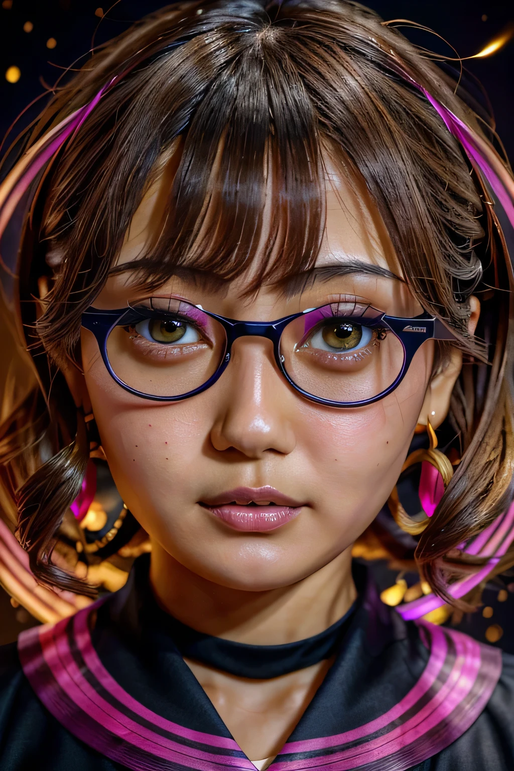hypnotism teacher , Japanese, Izumihiro Mami , light brown hair, medium hair, wave perm, round face, Droopy eyes, dark eyes, navy blue eyeshadow , Black Eyewear, the body and face are facing the viewer , staring at viewers, hypnotism, puts Hypnotism on viewers, HD quality, (Photorealistic:1.4), RAW photos , Japanese woman in charge of horn, ( high-resolution detail of human skin texture), The background is a black swirl of pink light and ripples in a different dimensional space
