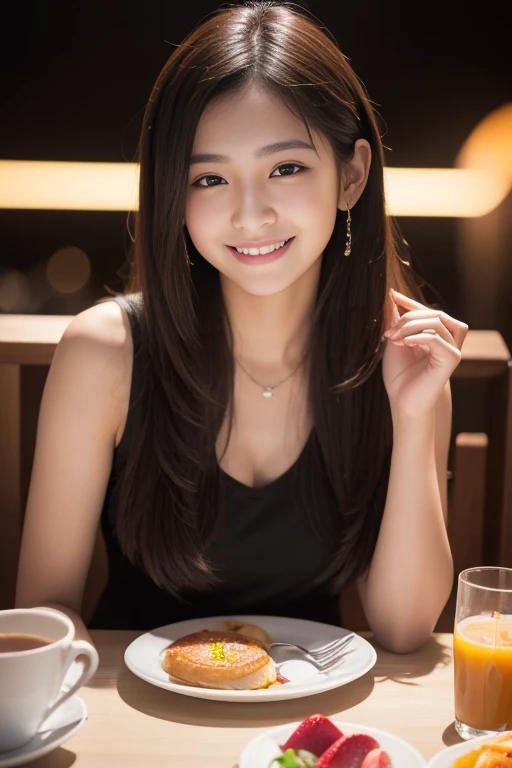 A white plate of spaghetti sits on a table in a Los Angeles restaurant.、姿勢の良い女性が楽しそうにsmileでしゃべる,Tabletop, Highest quality, Realistic, RAW Photos, Digital SLR, Beautiful 15 year old Japanese girl, Glowing White Skin, Orgasm Face,Female dog,smile,Realistic beautiful makeup face, Realistic and beautiful bright eyes, double eyelid, Viewer Display,(Enjoying eating spaghetti), (Highly detailed shiny black hair and bangs), (斜め前からのsmileの表情), Slim figure, Slim face, ,Realistic lighting and shadows, This is a very delicate and beautiful photo..., Ultra-high resolution,