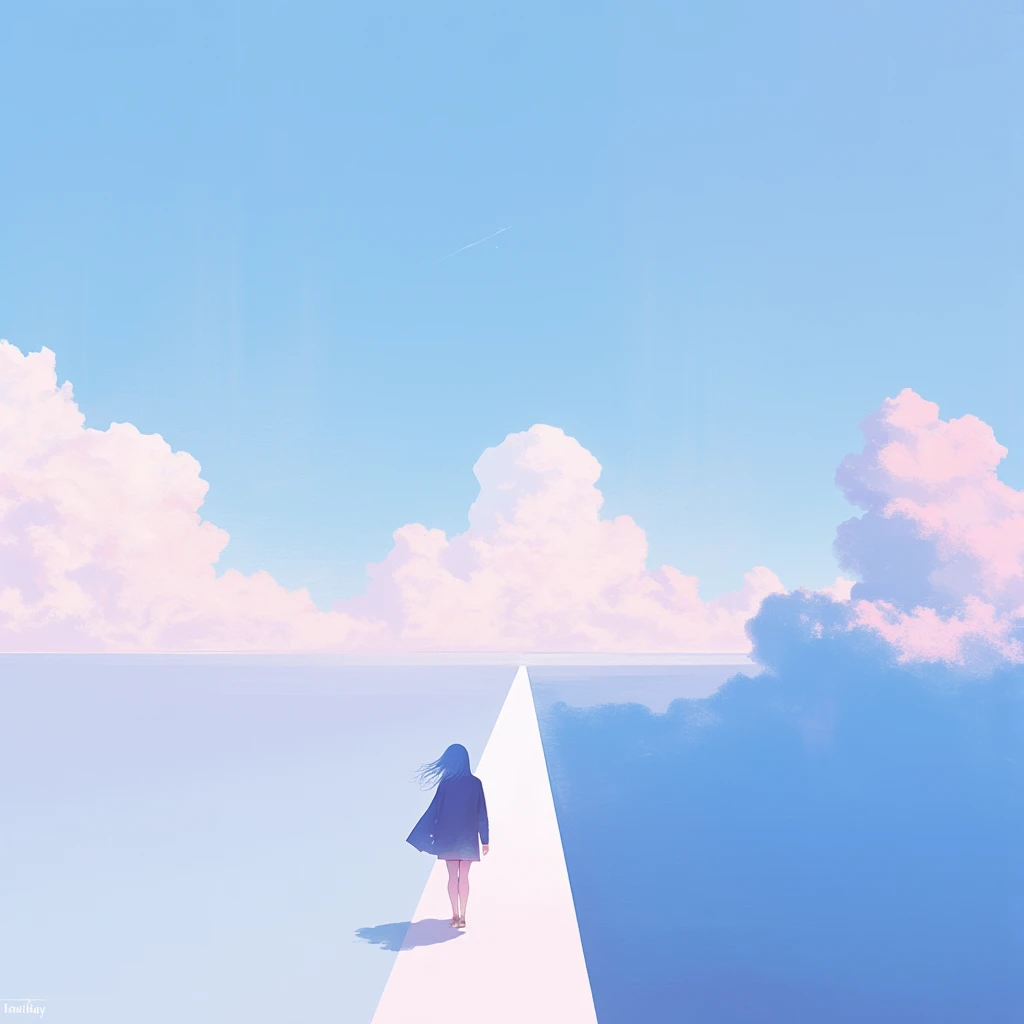  simple style ， vector graphics，Journey，Back，clouds in the sky，Lonely， blue