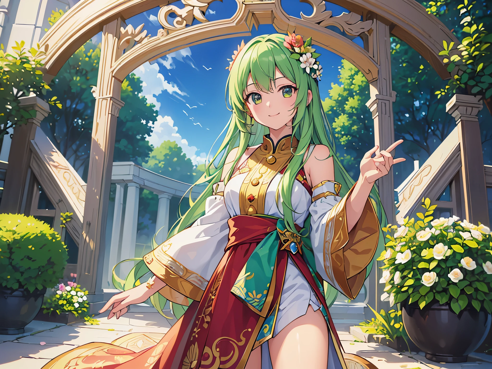 (( top quality)),( super high resolution),( super detailed),( detailed description ),(( best CG )),( Best Artwork ),Ultra-detailed art, Amazing Painted Art ,( Fine Details:1.5), flower gate,  Momoka Smiles Ran, Twin Moon 