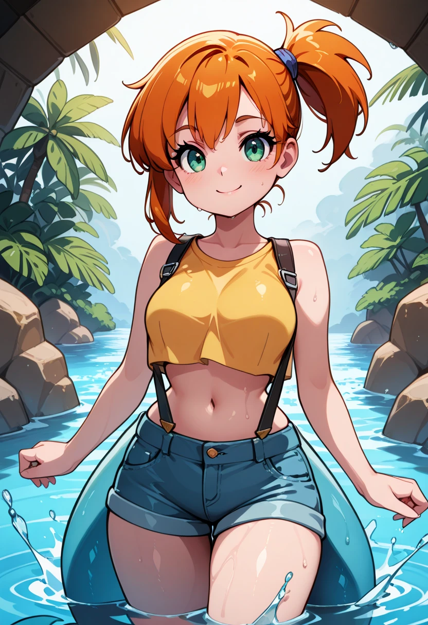 masterpiece, best quality, 1girl, solo, (curvy), cute, eyelashes, (beautiful eyes),
,,,
(wet, splashing water, sunny, tropical, standing in water, partially submerged), 
,,, 
zzMisty, green eyes, orange hair, short hair, side ponytail,  shorts, suspenders, midriff, yellow crop top, navel, denim shorts,
,,, 
smile, looking at viewer, shiny skin, mermaid, blue mermaid tail below waistline,