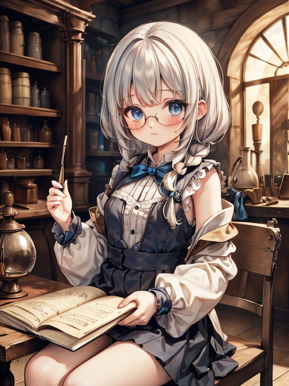 masterpiece,  top quality,  very detailed , 8k,  super high resolution,  Cowboy Shots, A  girl,  detailed face , distraught face,  perfect finger,  blue eyes, Glasses,  Silver Hair,  long hair,  braids ,  black dress,  Long Skirt , Luxurious Western-style mansion,  Libraries , Bookshelf, table,  sit on a chair,  reading a book, renaissance_Alchemist_studio