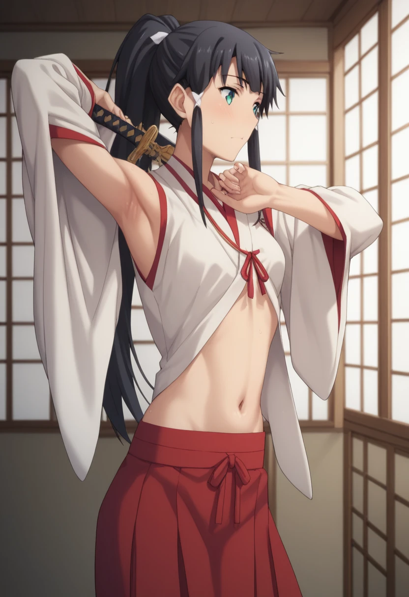   masterpieces during breakfast ,  top quality,  Takeuchi Takashi ,  girl, Long black hair, ponytail,Character portrait,whole body, smiles,Armpits exposed,Navel exposed,Heart of the Prairie ,Sword in right hand,I'm pulling out my sword, looking at camera,Height: 154cm,Momotaro, and has a short skirt ,Long sleeves,Japanese clothing