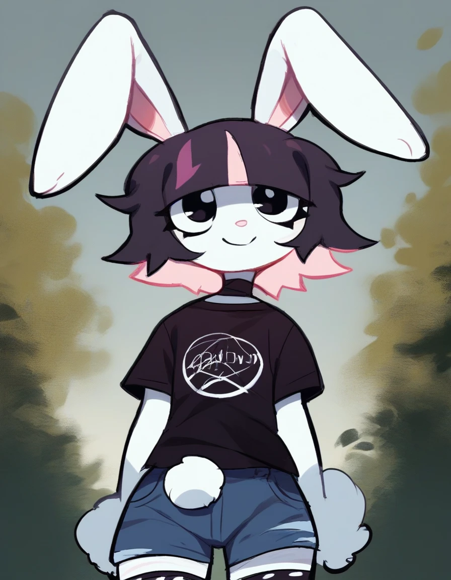 outdoors,detailed background,
Bubny,1girl,solo,rabbit girl,bangs,black hair,short hair,rabbit ears,multicolored hair,blunt bangs,furry female,black eyes,pink hair,purple hair,choker,rabbit girl,two-tone hair,rabbit tail,animal nose,
half body ,smile,long eyelashes,
denim shorts,thighhighs,black t-shirt,
