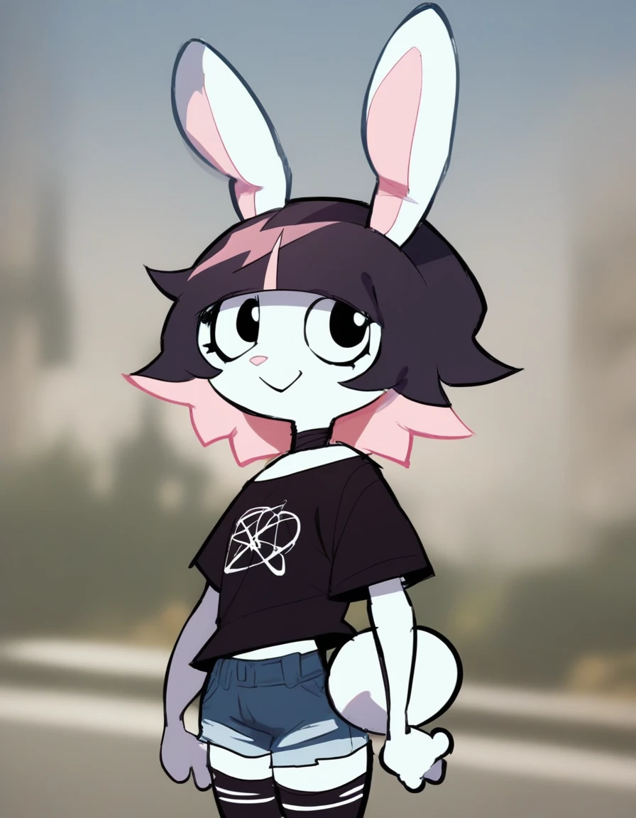 outdoors,detailed background,
Bubny,1girl,solo,rabbit girl,bangs,black hair,short hair,rabbit ears,multicolored hair,blunt bangs,furry female,black eyes,pink hair,purple hair,choker,rabbit girl,two-tone hair,rabbit tail,animal nose,
half body ,smile,long eyelashes,
denim shorts,thighhighs,black t-shirt,
