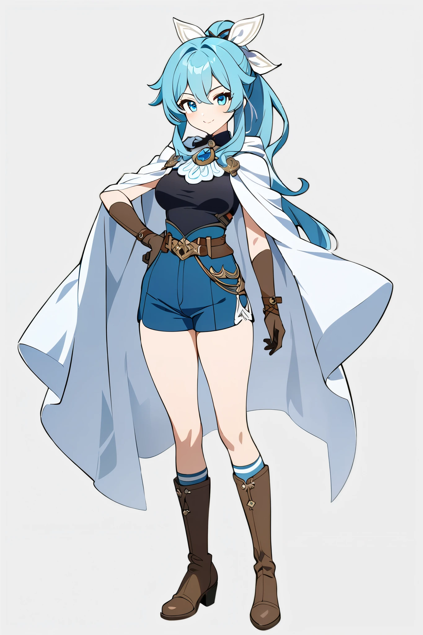 1girl, smile, white big ribbon, Azure hair, long blue ponytail, hair ribbon, white cape, black tank top, blue shorts, brown belt, brown boots, gloves, confident expression, standing pose, full body, anime art style, detailed design, highres, masterpiece, fantasy outfit, modern adventurer, ornate brooch, white and blue color palette, thigh-high socks, best quality, masterpiece, genshin art style