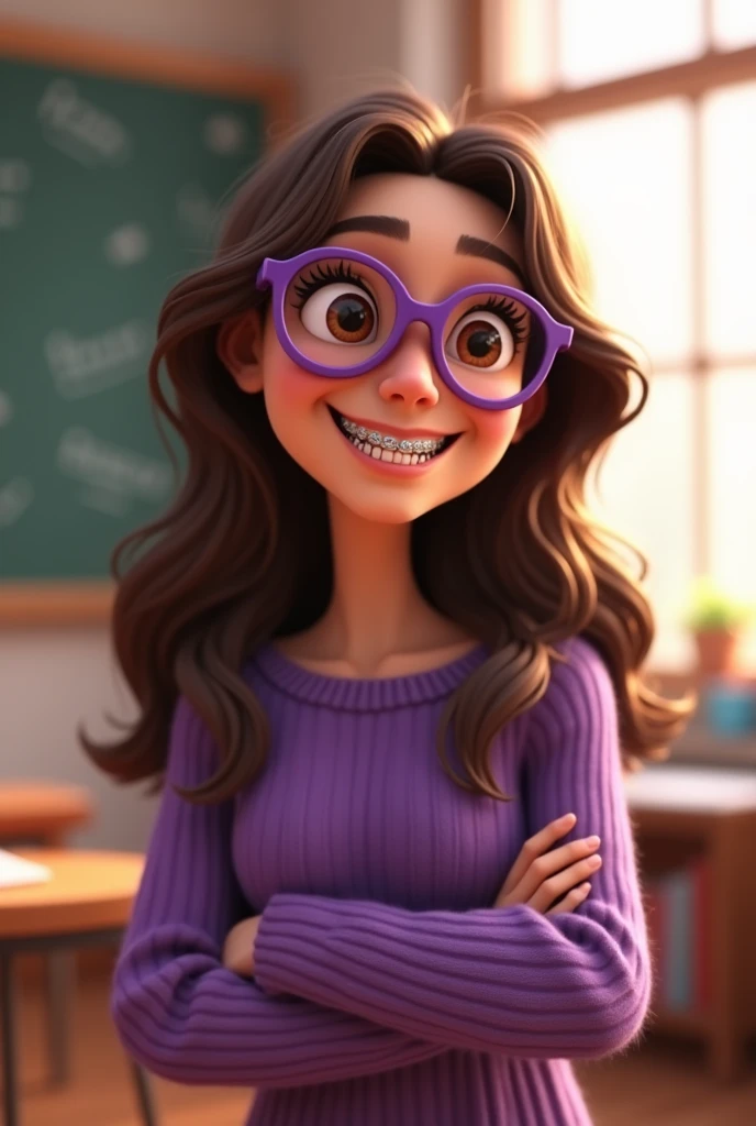 a one woman,Caucasian skin,shy smile,wearing small cat-style glasses ,long dark brown hair, wearing a purple blouse,white background,Pixar-style, ..3d, Cartoon s, face detailed, asymmetric 16k