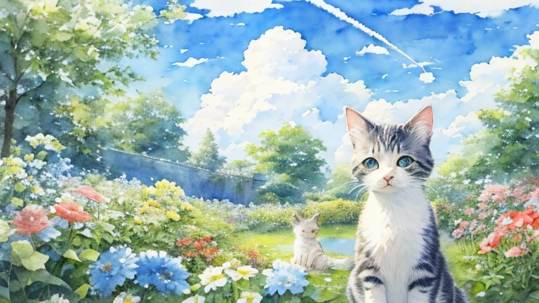 The kitten is looking at the camera、Cumulonimbus、 blue sky、Contrail、garden、Watercolor