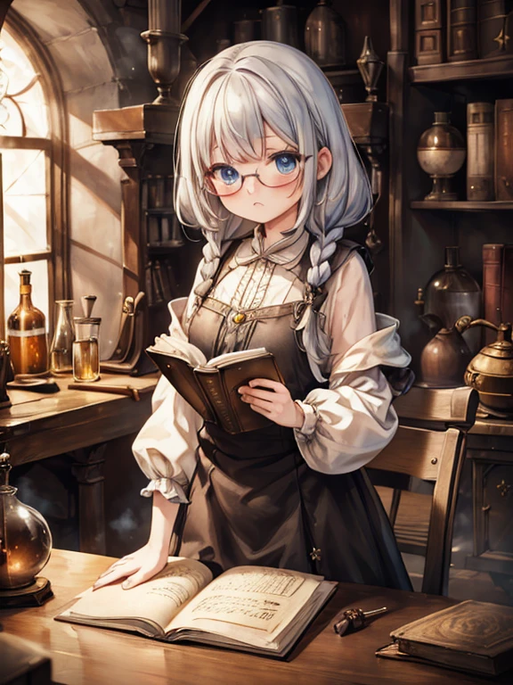 masterpiece,  top quality,  very detailed , 8k,  super high resolution,  Cowboy Shots, A  girl,  detailed face , distraught face,  perfect finger,  blue eyes, Glasses,  Silver Hair,  long hair,  braids ,  black dress,  Long Skirt , Luxurious Western-style mansion,  Libraries , Bookshelf, table,  sit on a chair,  reading a book, renaissance_Alchemist_studio