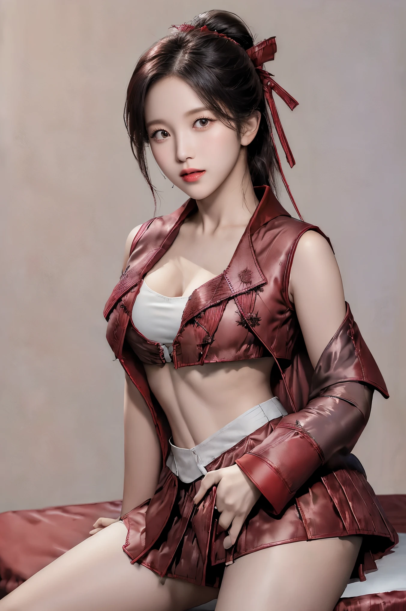 (masterpiece, the best quality:1.2), Cowboy shooting, Solitary, 1 Girl, Makoto Ohama,Charming smile, Shut up, looking at the audience,posture, Hands on Hips,Big breasts(((Large Breasts、Low-cut,Cleavage, Wide hips,)))((Long legs)),Hourglass figure, ,Headband, Osukidev, Strapless, lace up boots, army, army , pleated skirt, (Red Jacket:1.5), skirt, High Leg Raise, , white High Leg Raise, white ribbon, Buttons, (sleeveless:1.5),National Foundation,Official Art,Extremely detailed CG unity 8k wallpaper, Perfect lighting, (masterpiece:1.0),(the best_quality:1.0), Ultra-high resolution,4k,Extremely detailed, photography, 8K, HDR, High resolution, absurd:1.2, Kodak Portrait 400, Film Grain, Blurred background, Bokeh:1.2, lens flare, (energetic_color:1.2),(beautiful_Face:1.5),(narrow_waist),(Perfect hands, Perfect anatomical structure), (close up):1.2)