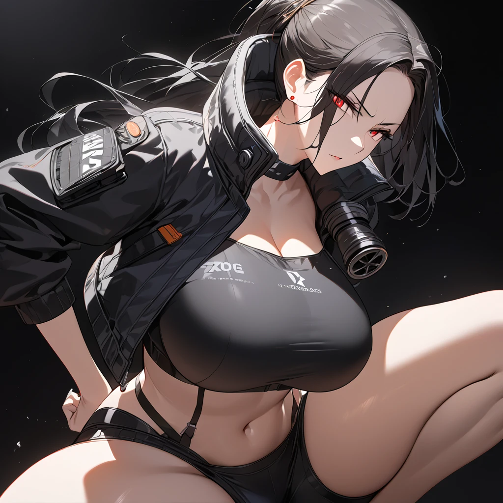 (masterpiece:1.4), (best quality:1.4), (super detailed:1.2), score_9, score_8_up, anime girl with gas mask, thin black bomber jacket, exposed navel, wide hips, (Large breasts:1.2), shoulder-length black hair, heavy makeup, glowing red eyes, cross earrings, alluring pose, glaring at viewer, (pitch black background:1.4), (complete darkness:1.3), dramatic lighting focus on character, full body from head to toe, seductive stance