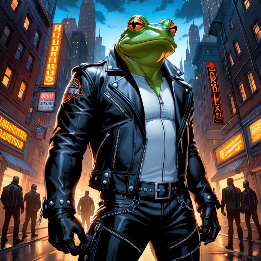 Closeup, An extremely badass light blue and white bullfrog with a bold, stylish look, wearing an insanely cool black leather Harley Davidson biker jacket open with zipper details, black shirt, black leather biker gloves, black leather biker pants, giving it a cool, edgy appearance, dynamic pose. The bullfrog’s expression should exude confidence and sophistication, making it look like a modern, fashionable character. Ensure the lighting highlights the reflective surfaces of the leather jacket, creating a sleek, polished finish. Interpreted in a refined, Marc Silvestri-inspired comic book illustration, positioned within an elaborate visual narrative of an advanced metropolis under the nocturnal sky, volumetric lighting, dramatic angles, highly contrasted, ultra-realistic, vibrant colors, characteristic visua