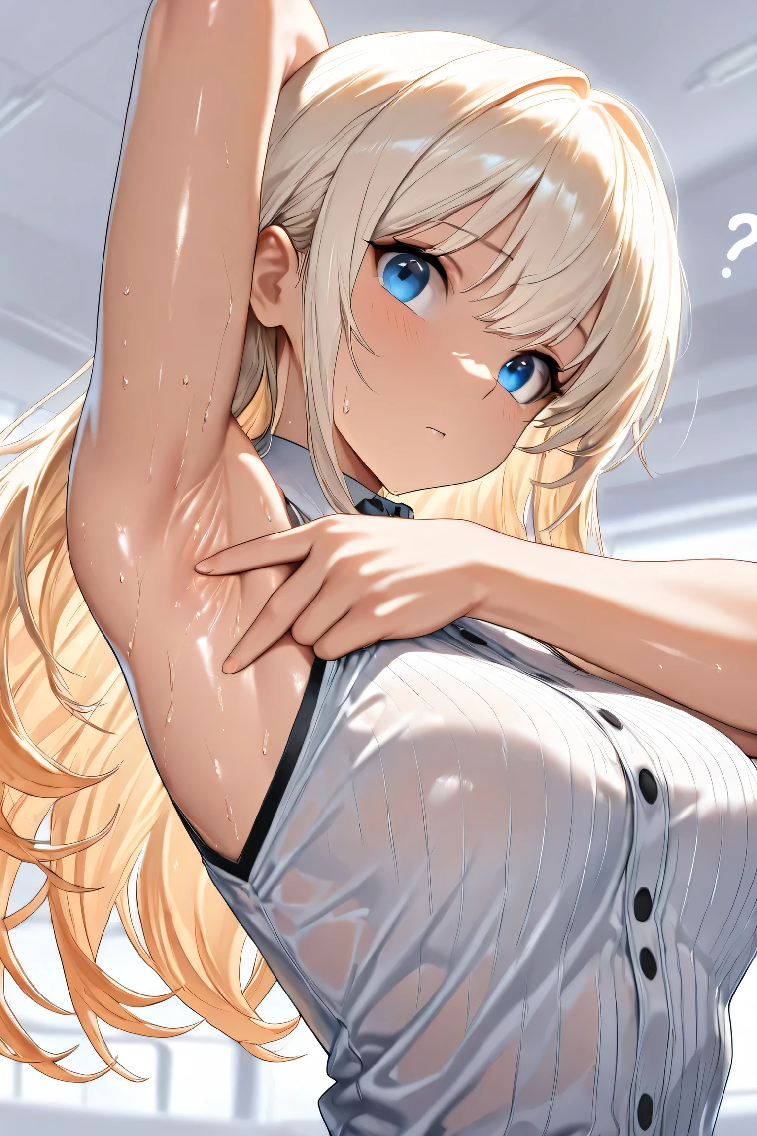 (masterpiece, HD, 2k, High Resolution) 1girl, confused, white hair, blonde hair, shiny skin, arm up, armpits, sweating armpits, disgusting armpits, detailed armpits, more armpits look, more detailed armpits hot body, sleeveless top, rondom pose armpits, looks armpits.