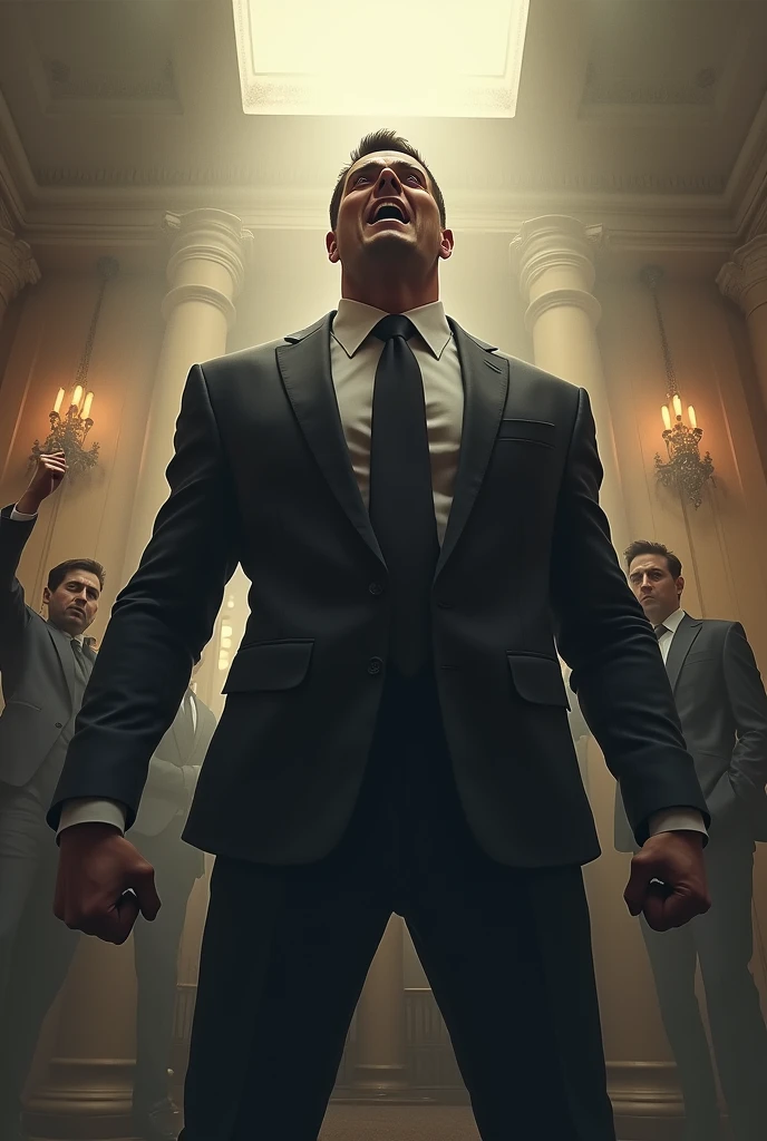 a bearded man standing on a stage with a man in a suit, a statue of Karl Völker, reddit, renascentist, chris evans as a bodybuilder, Tom Cruise torso, Joe Biden musculoso, what figure, muscular!!, Ryan Reynolds as a bodybuilder, exaggerated muscular physique, full body standing Tom Selleck, exaggerated physique