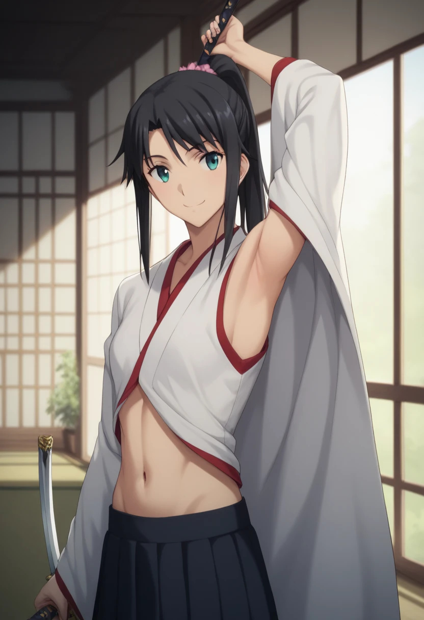   masterpieces during breakfast ,  top quality,  Takeuchi Takashi ,  girl, Long black hair, ponytail,Character portrait,whole body, smiling gently ,Armpits exposed,Navel exposed,grassland,Sword in right hand,I'm pulling out my sword, holding a sword ,Looking at the screen ,Height: 154cm,Momotaro, skirt,Long sleeves,Japanese clothing, lots of exposure,