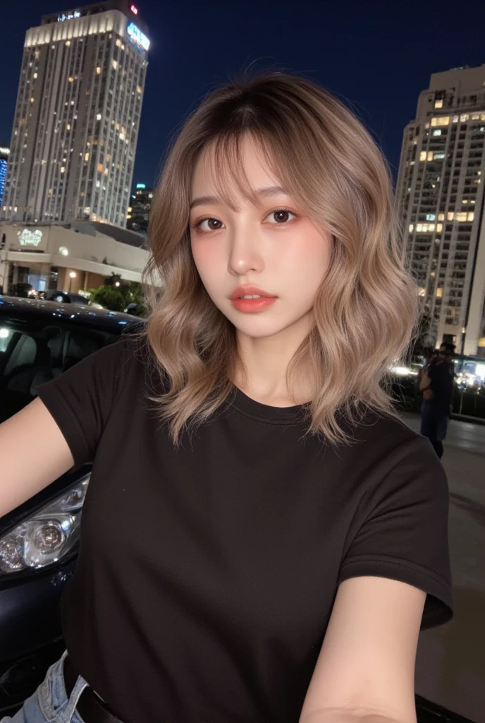 (((ultra highres))),(((Short Hair、 black hair、 wavy hair )))(((extremely detailed))),exceptionally detailed,best quality,8k resolution,meticulous details,photo-realistic,realistic textures,Perfect big eye,(blonde alone:1.2),gal makeup,Dark Makeup Around Eyes,jeans and a T-shirt,with a city nightscape,a confident expression,at a medium distance ,Beautiful ultra-high definition face,ultra HD curls ,(Beautiful teeth with ultra-high definition depiction:1.1)