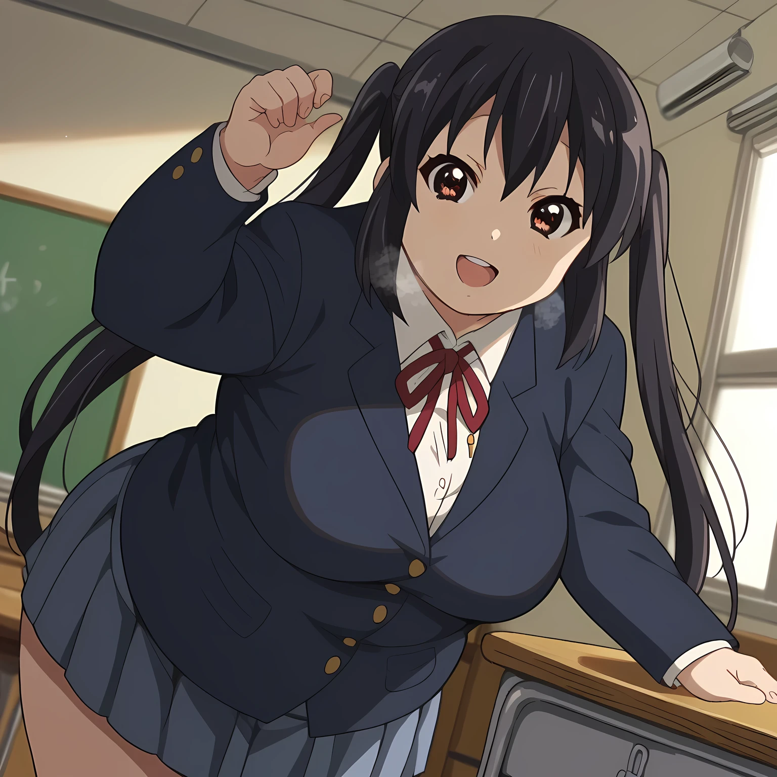 score_9, score_8_up, score_7_up, source_anime,
azusanakano, azusa nakano, black hair, brown eyes, long hair, twintails,
sakuragaoka high school uniform, school uniform, uniform, blazer, shirt, white shirt, collared shirt, skirt, pleated skirt,
indoors, classroom, bent over, smile,
looking at viewer, cowboy shot, dutch angle, solo, fat, chubby, obese, gigantic arms and legs, large breasts open mouth, out of breath