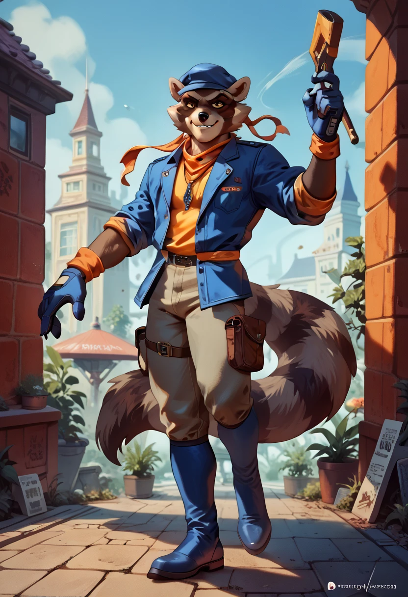 Infiltration,anthro raccoon, furry, long tail,cool expression,infiltration outfit, anthropomorphic, colorful, dark colors and tone, Thief style