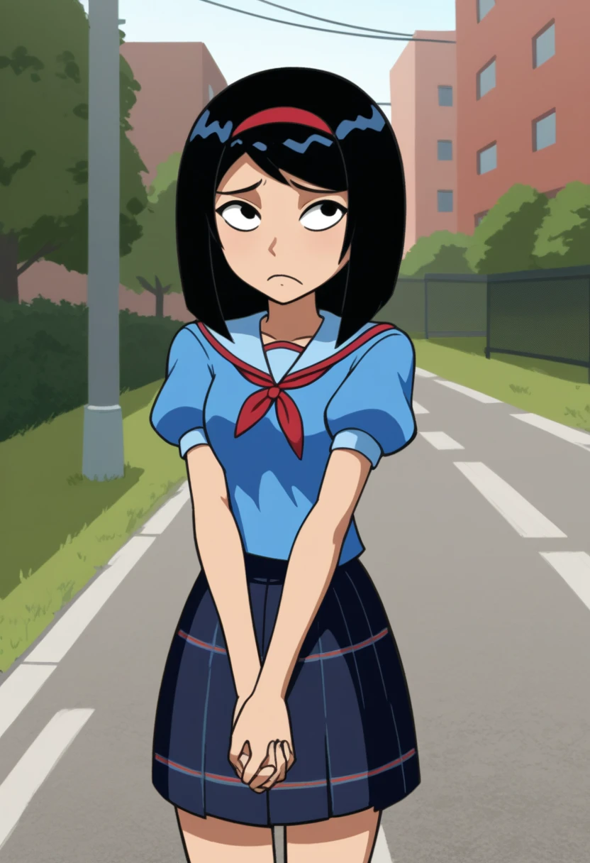 KPYoriGirl, score_9, 1girl, solo, blue shirt, skirt, outdoors, in school, worried, holding hands together, frown