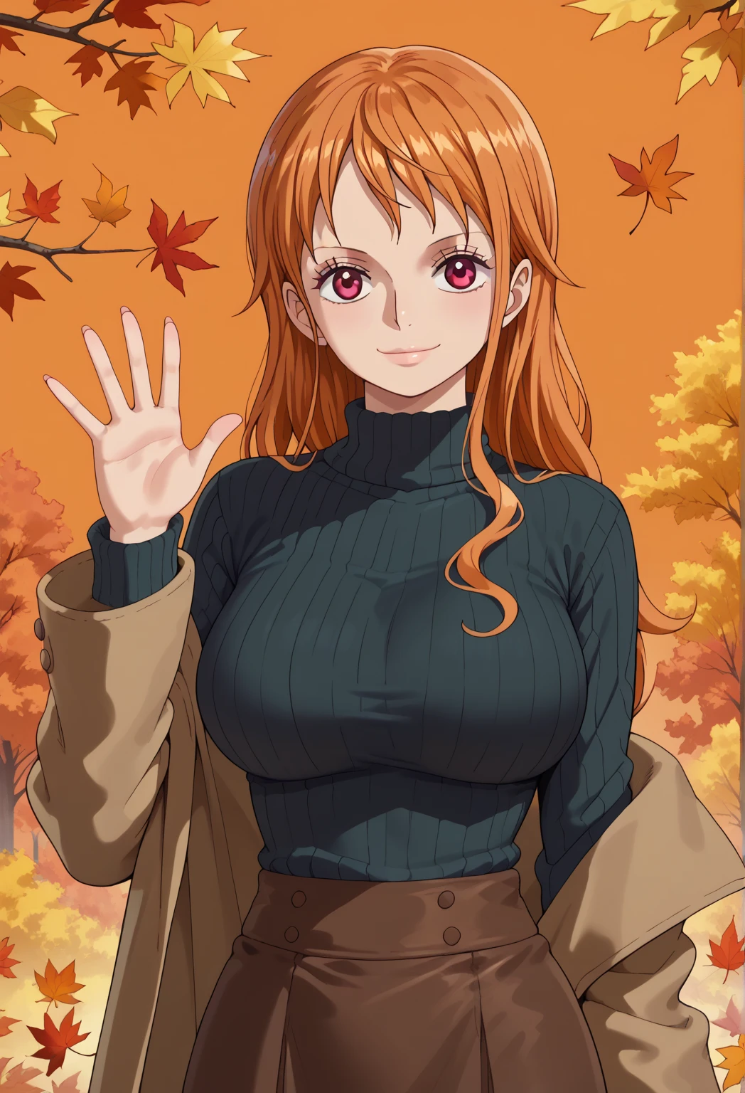 score_9, score_8_up, score_7_up,  1girl, autumn, autumn leaves, black sweater, bob cut, breasts, brown coat, brown skirt, closed mouth, coat, large breasts, leaf, leaf background, long sleeves, looking at viewer, long hair, off shoulder, orange background, brown eyes, orange hair, ribbed sweater, skirt, smile, solo, sweater, swept bangs, turtleneck, turtleneck sweater, upper body, waving, Nami, one piece