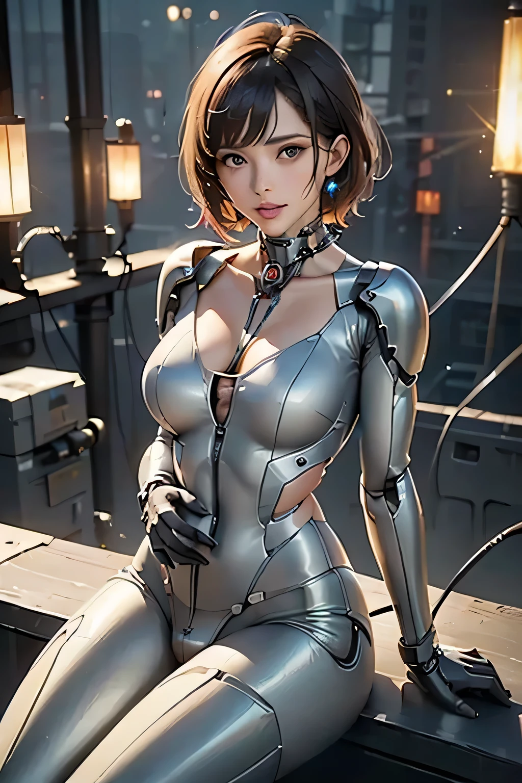 (((Sparks fly))), ((( top quality))), (( very detailed)), ( high definition CG illustration ), (( so delicate and beautiful)), Cinematic Light,((1 mecha woman )),Alone, mature,( ahehe),( Big and Rich Breasts ), Plump , whole body,( A mechanical spine attached to the :1.2),(( mechanical limbic vessels connected to tubes),(( The cervical vertebrae are mechanically attached to the neck )),((( crotch is open ))),( sitting),( wires and cables around the neck :1.2),(Overhead Wires and Cables:1.2)( focus on the letters ),SF,(( very detailed, colorful )), maximum details