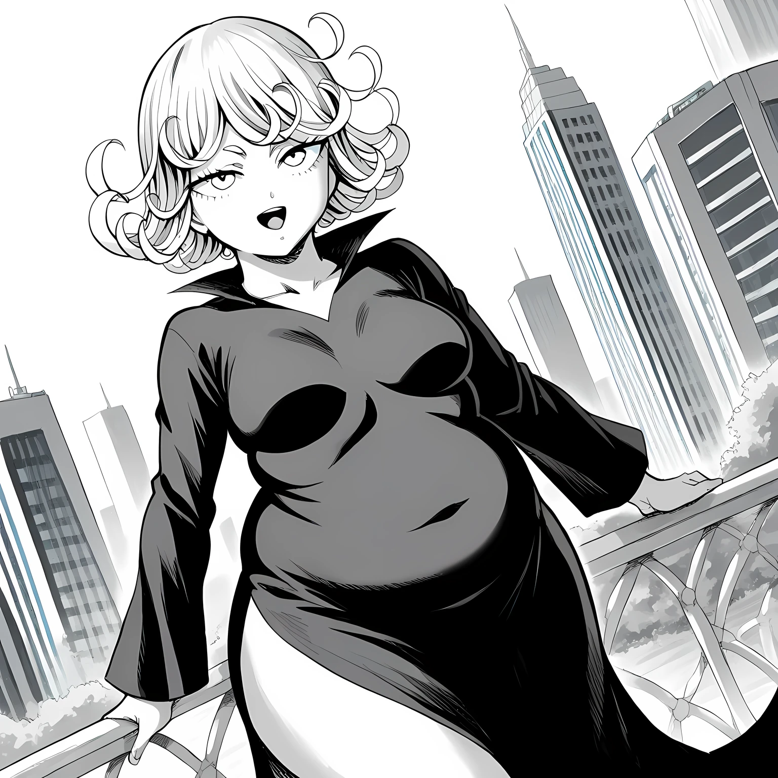 score_9, score_8_up, score_7_up, source_anime,
tatsumaki, tatsumaki, short hair, curly hair, monochrome, greyscale,
long sleeves, dress,
outdoors, cityscape, smile,
looking at viewer, cowboy shot, solo, dutch angle, fat, chubby, obese, gigantic arms and legs, large breasts open mouth, out of breath