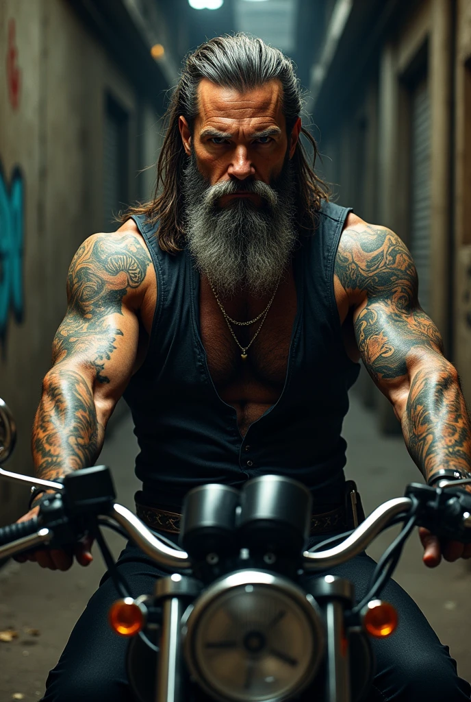 Homme longue barbe noire  tatoué sur une moto regard noir 40 ans debut calvitie 