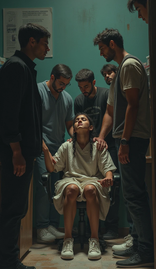 (photorealism:1.2), a group of people threatning a girl in hospital (indian girl)