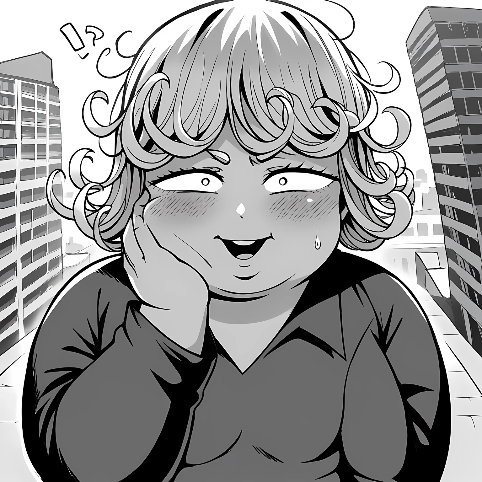 score_9, score_8_up, score_7_up, source_anime,
tatsumaki, tatsumaki, short hair, curly hair, monochrome, greyscale,
long sleeves, dress,
outdoors, cityscape, smile,
looking at viewer, cowboy shot, solo, dutch angle, swollen face, fat, chubby, obese, open mouth, out of breath, absurdres, highres icon, rating:General, confused, blush, {flustered}, nervous sweating, portrait, pov hands, hand on another's cheek, averting eyes, [looking away], straight-on, from above,  upper body, masterpiece, best quality, ultra-detailed, high resolution, 8K, 