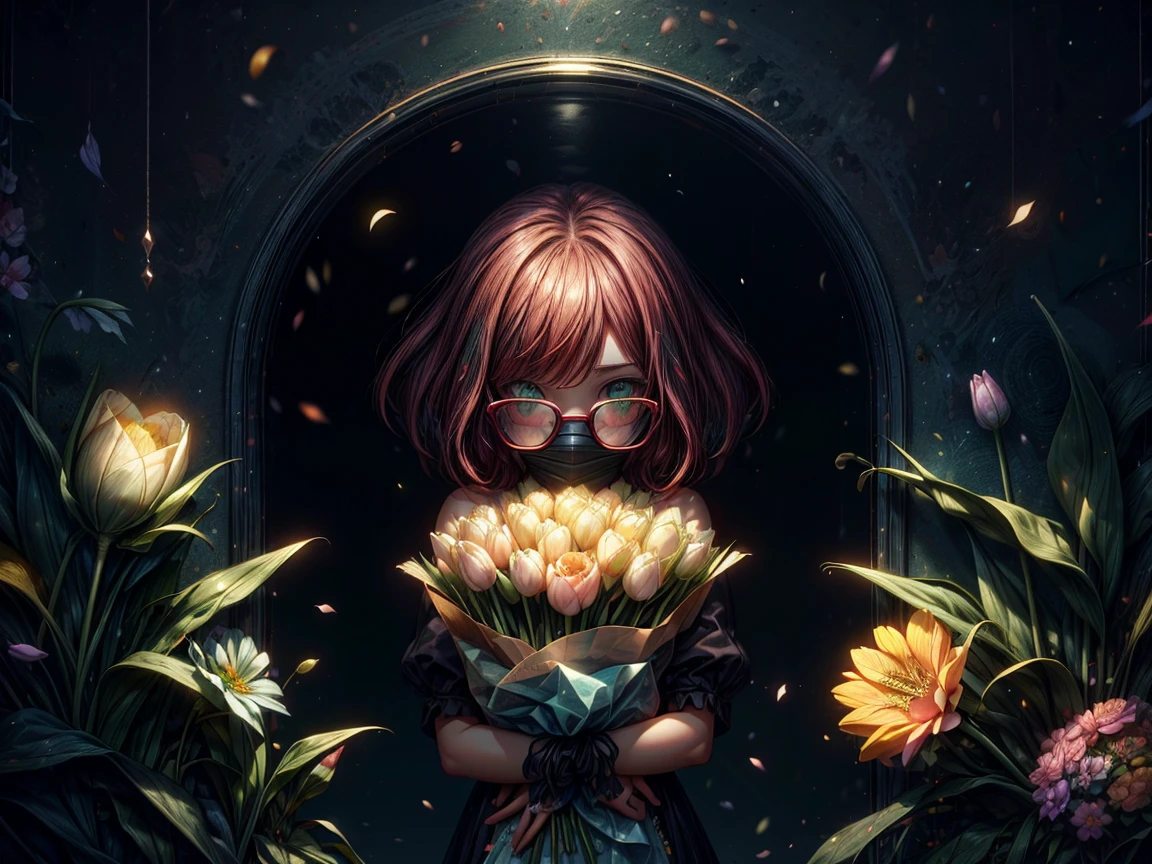 Short,  red hair ,  green eyes ,  metal-framed glasses, shy girl hides her face behind a bouquet of tulips.