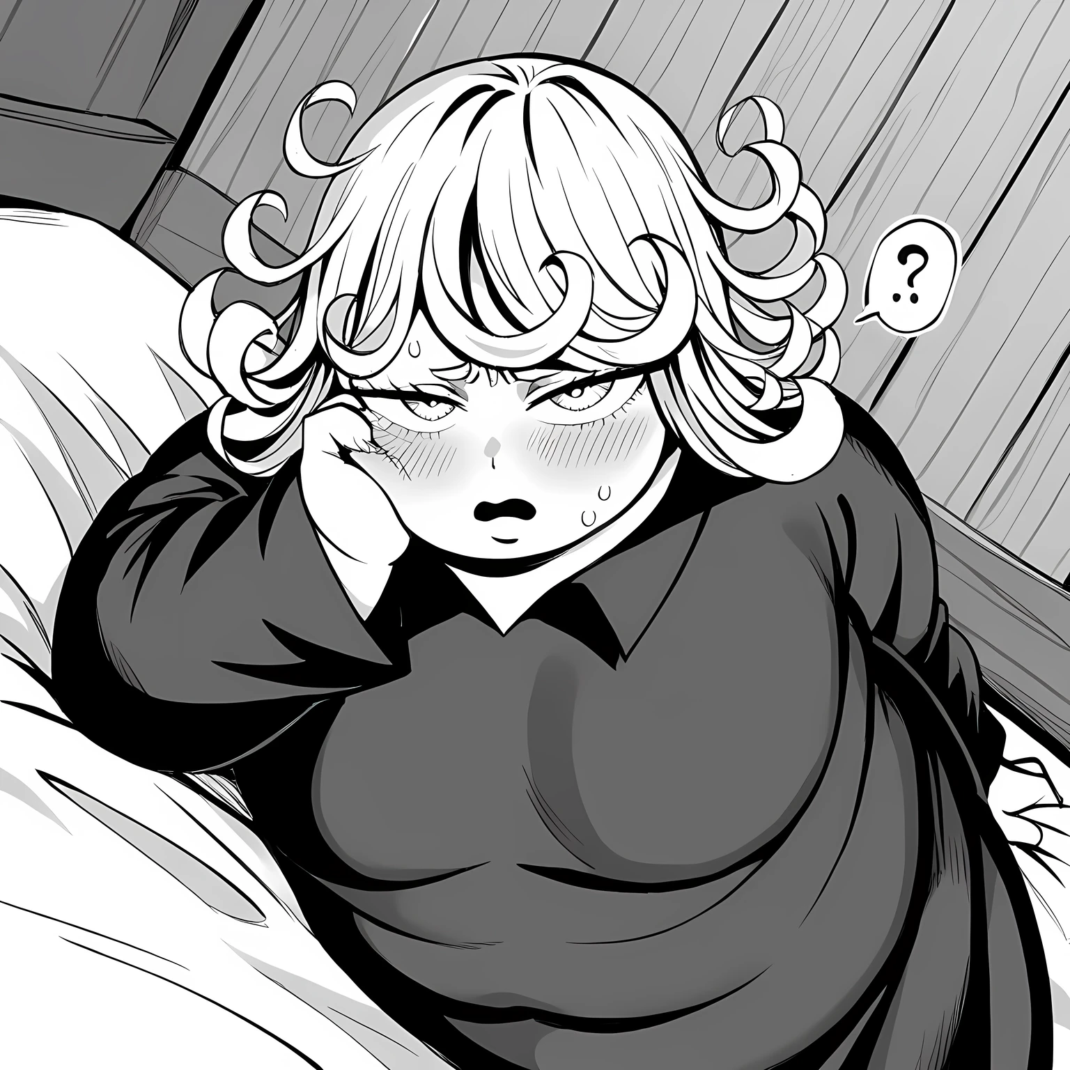 score_9, score_8_up, score_7_up, source_anime,
tatsumaki, tatsumaki, short hair, curly hair, monochrome, greyscale,
long sleeves, dress,
indoors, bed, bed room, on side, blush, drunk,
looking at viewer, cowboy shot, solo, dutch angle, swollen face, fat, chubby, obese, open mouth, out of breath, absurdres, highres icon, rating:General, confused, blush, {flustered}, nervous sweating, portrait, pov hands, hand on another's cheek, averting eyes, [looking away], straight-on, from above,  upper body, masterpiece, best quality, ultra-detailed, high resolution, 8K, 