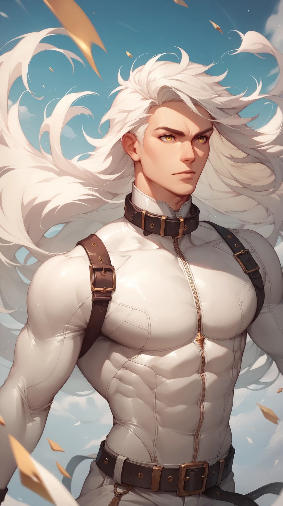 (((Luxurious shoulder-length white hair, dark complexion, and sexy smirk.))) (((18 years old.))) (((18yo.))) (((Cute smirk.))) (((Single character image.))) (((1boy))) Design a cute, handsome, male adventurer for a fantasy setting. He is shy but a heartbreaker. He has great hair, a handsome face and a sexy body. The background is a medieval style port town. He is considered sexually attractive.